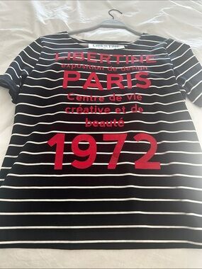 LIBERTINE Paris Striped Short Sleeve Tee in Black & White with Red Print